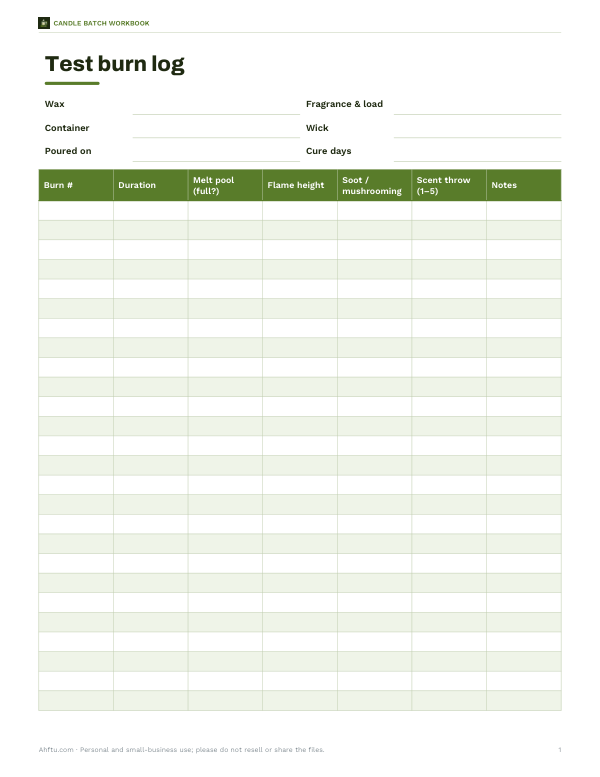 Preview of Printable Candle Test Burn Log